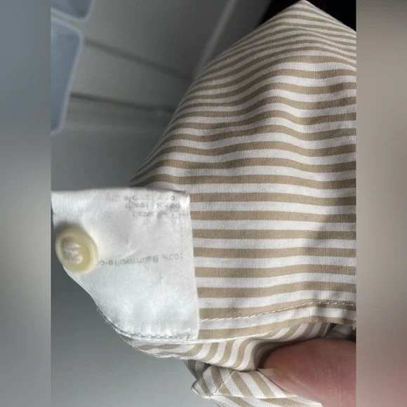 Akris Punto Luxury Beige & White Designer Striped Blouse with Button Details - Picture 7 of 8